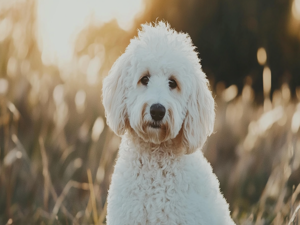 a White Goldendoodle sitting outdoors, showcasing its fluffy white coat and endearing expression