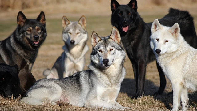 a photo of a hybrid community gathering of wolf-dog hybrids, inclued 4 breeds