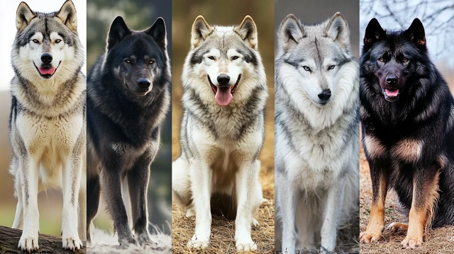 an image gallery showing the diverse appearances of wolf-dog hybrids