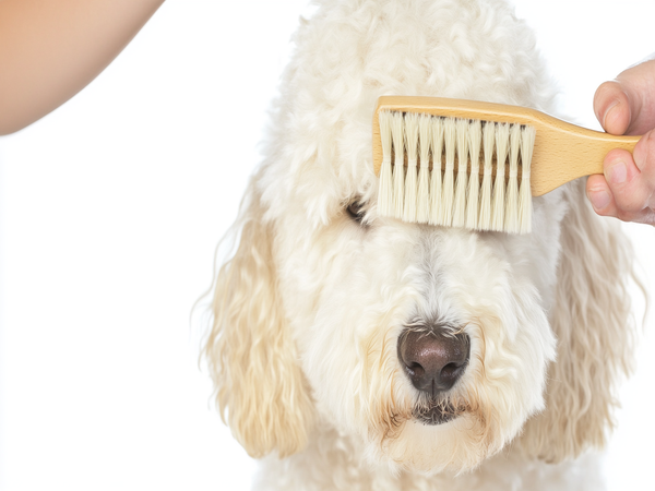 an image of a White Goldendoodle being brushed, highlighting the grooming process