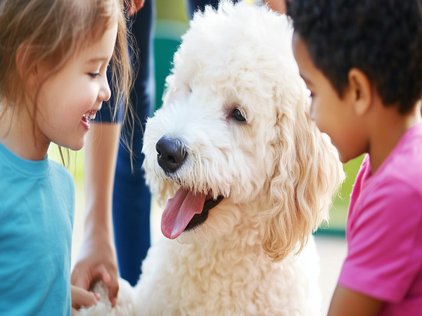 an image of a White Goldendoodle interacting with children, highlighting their gentle nature.