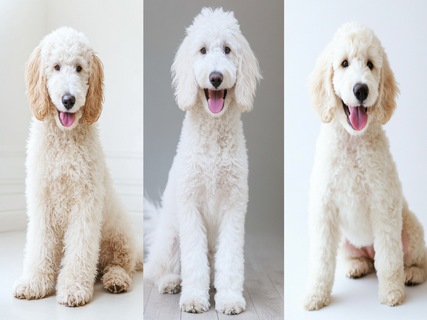 images showcasing the three coat types (curly, wavy, and straight) in White Goldendoodles