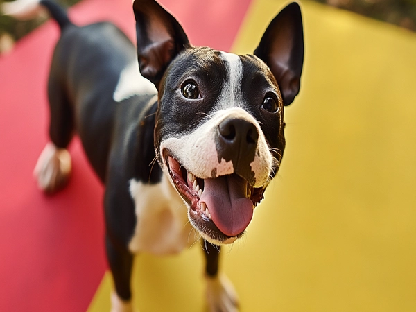 A Boston Terrier Pit Mix enjoying a healthy treat or playing outdoors