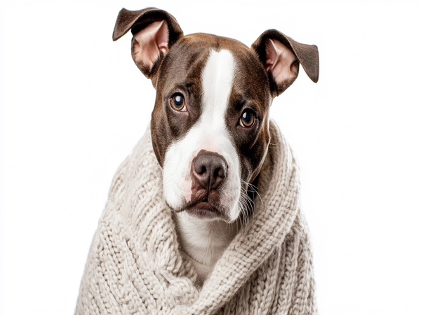 A Boston Terrier Pit Mix wearing a cozy sweater