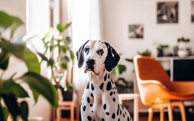 A Great Dane Dalmatian Mix lounging comfortably in a spacious living room