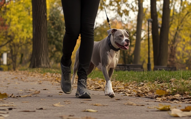 A Grey Pitbull enjoying a brisk walk in the park