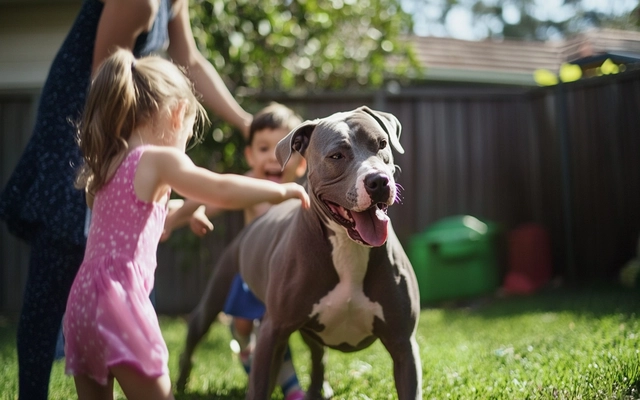 A Grey Pitbull playing with children in a backyard