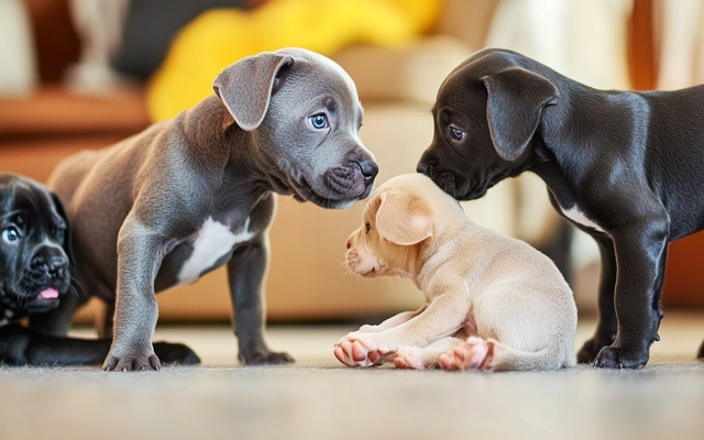 A Grey Pitbull puppy interacting with other dogs in a controlled environment