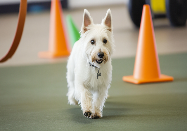 A Westie Corgi Mix participating in a training session, highlighting engagement and focus.