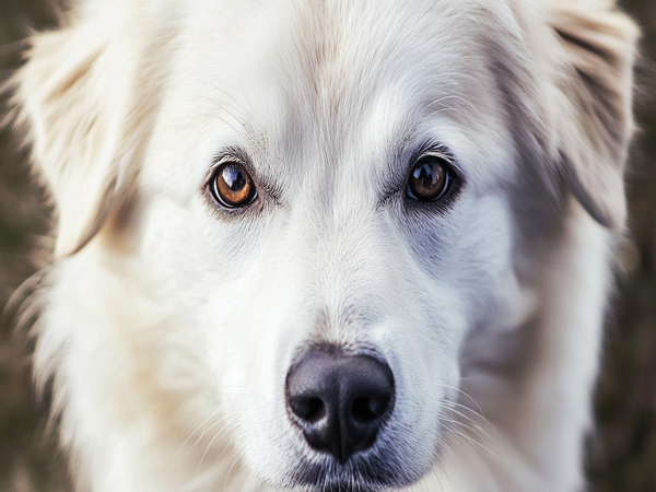 A close-up of a Samoyed Lab Mix dog breed highlighting its coat and facial features