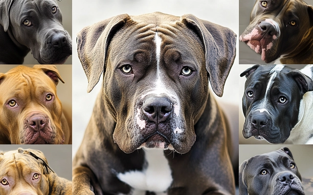 A collage displaying the different coat colors and patterns commonly seen in Pit Mastiffs dog breed