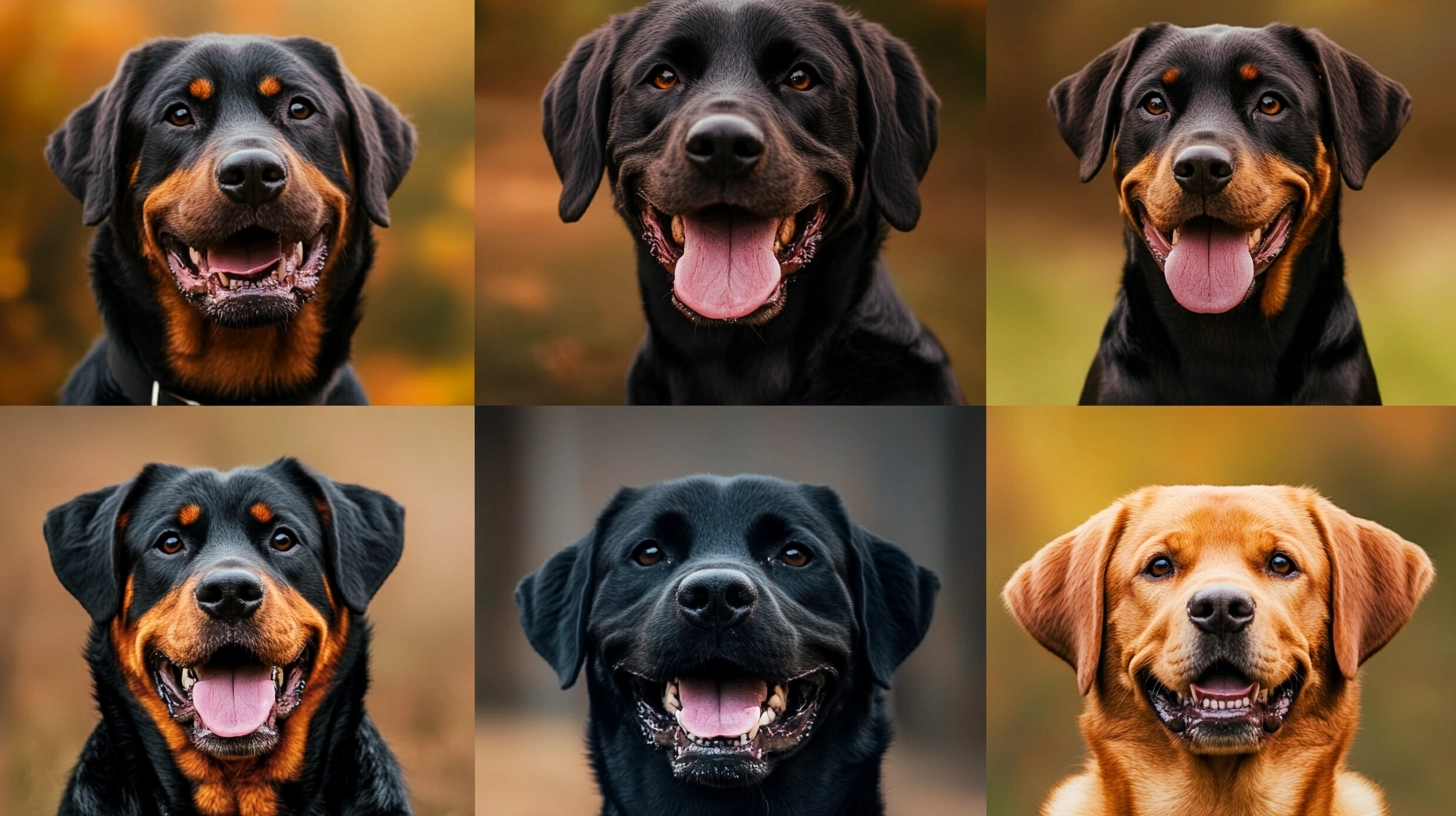 A collage displaying the different coat colors and patterns found in Lab Rottweiler Mix