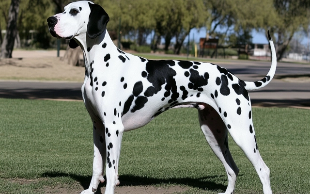 A full-body image of a Great Dane Dalmatian Mix standing in a park