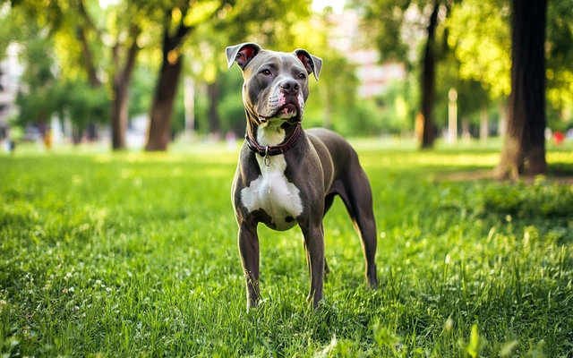 A grey Pitbull standing in a park, showcasing its muscular build and distinctive coat color