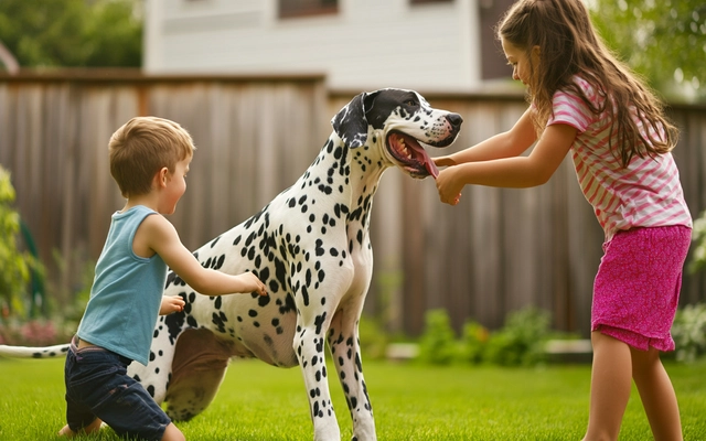 A heartwarming image of a Great Dane Dalmatian Mix playing gently with children in a backyard setting