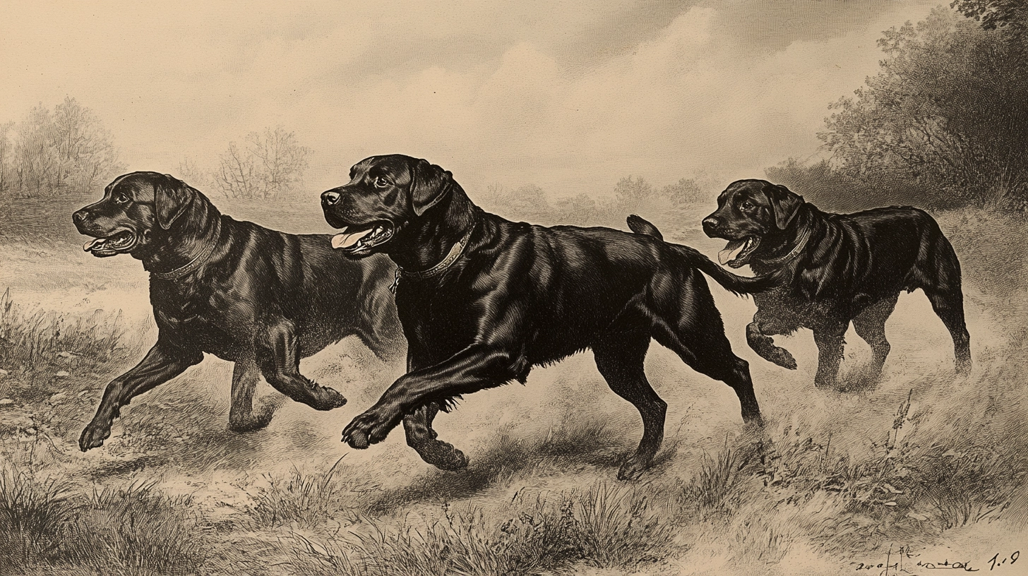 A historical depiction of Labrador dog mix Rottweiler dog breeds herding livestock in Germany