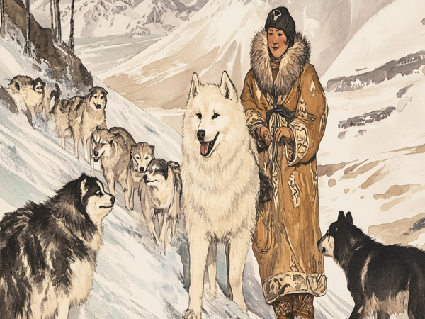 A historical depiction or illustration of Samoyed dogs with the Samoyede people in Siberia