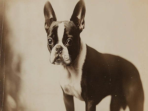 A historical photograph of an early Boston Terrier