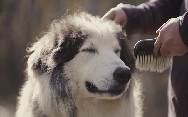 A photo of a Carpathian Sheepdog being brushed, highlighting the grooming process