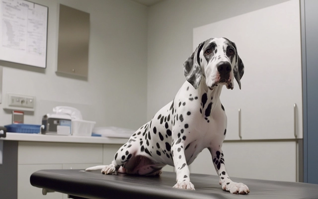 A serene image of a Great Dane Dalmatian Mix during a veterinary check-up