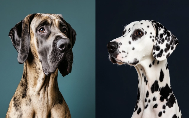 A side-by-side collage showcasing a Great Dane and a Dalmatian