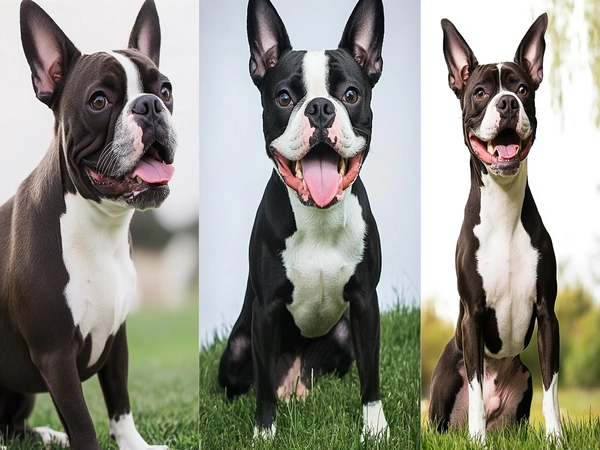 A side-by-side photo of a Boston Terrier dog, a Pit Bull dog, and a Boston Terrier Pit Mix dog for comparison