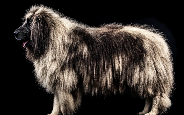 A side-profile image of a Carpathian Sheepdog, showcasing its coat and stature