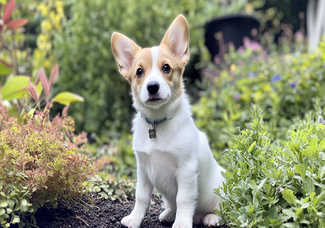 Add an image of a dog mix between Westie and Corgi puppy sitting in a garden, showcasing their adorable appearance and medium stature.