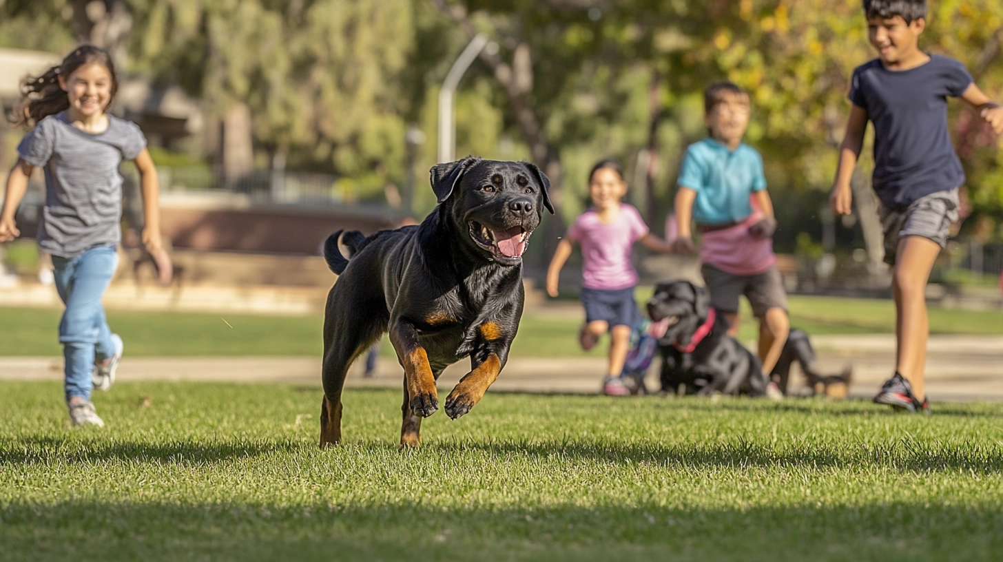 An image depicting a Labrador dog mix with Rottweiler dog engaging playfully with children