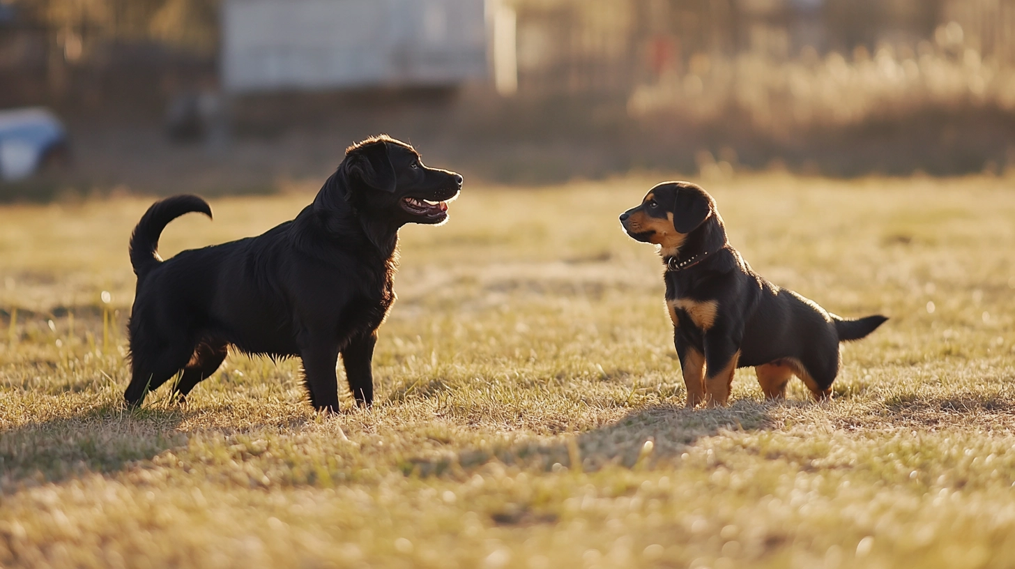 An image depicting a Labrador dog mix with Rottweiler dog in physical activity