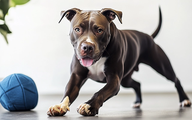 An image depicting a Pitbull Mastiff Mix engaging in physical activity