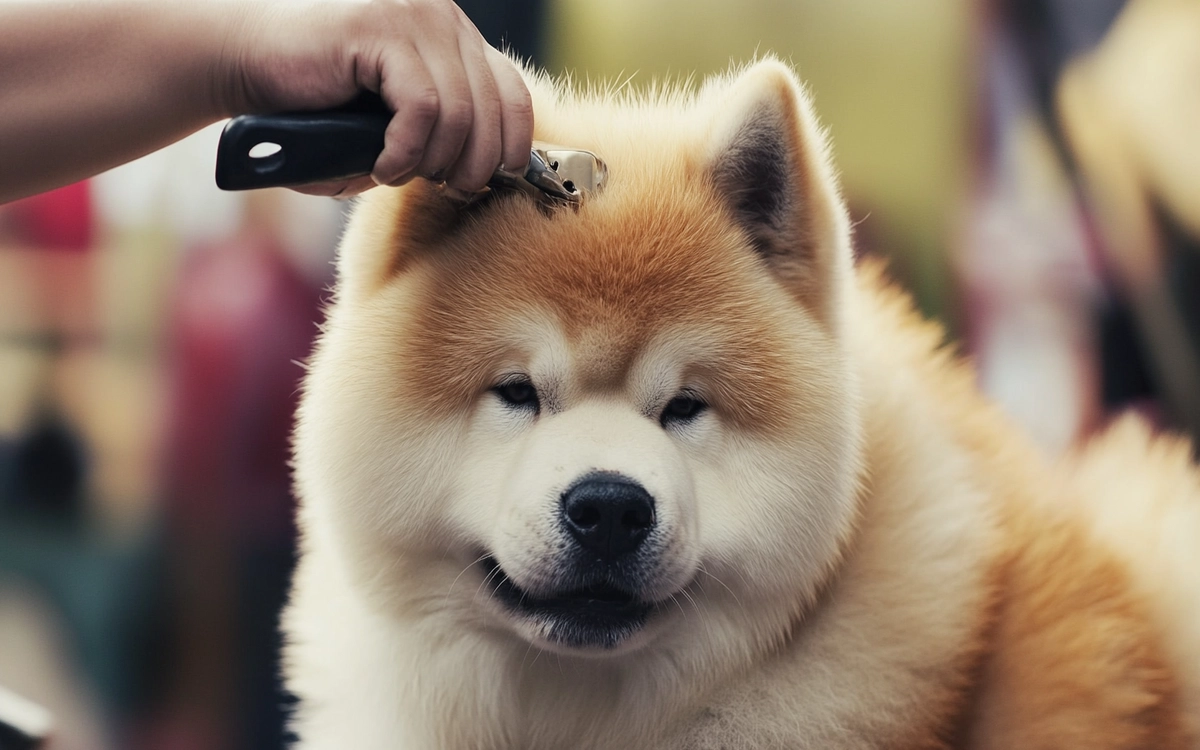 An image depicting an Akita Chow during a grooming session