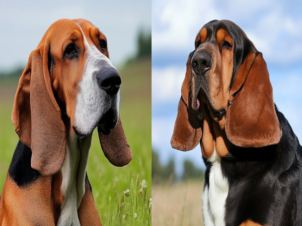 An image depicting both a Bloodhound and a Basset Hound side by side, showcasing their distinctive features