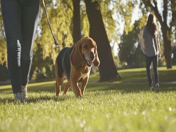 An image of a Bloodhound Basset Mix enjoying a leisurely walk in a park, showcasing their content demeanor