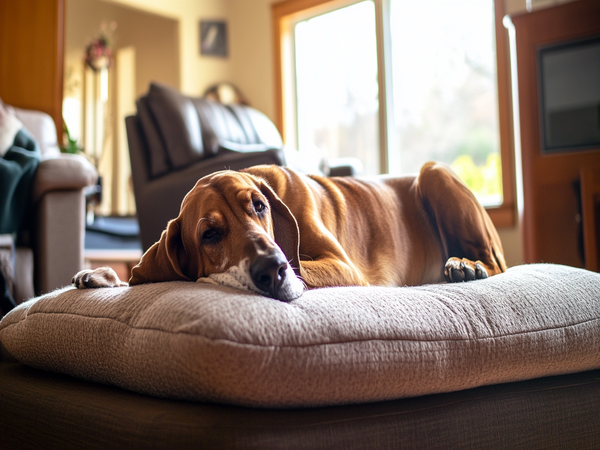 An image of a Bloodhound Basset Mix lounging comfortably on a cozy dog bed inside a well-lit living room