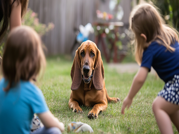 An image of a Bloodhound Basset Mix playfully interacting with children in a backyard setting