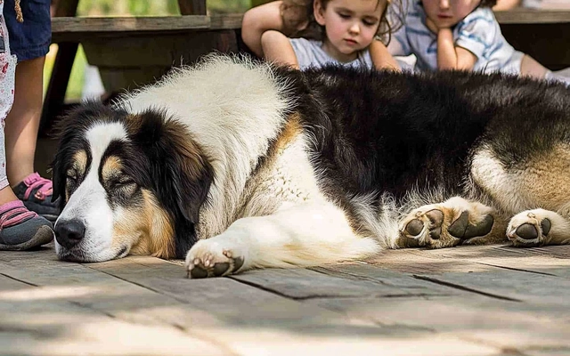 An image of a Carpathian Sheepdog lying calmly next to children or other pets