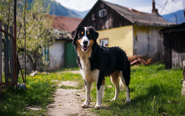 An image of a Carpathian Sheepdog standing proudly in a Romanian village setting