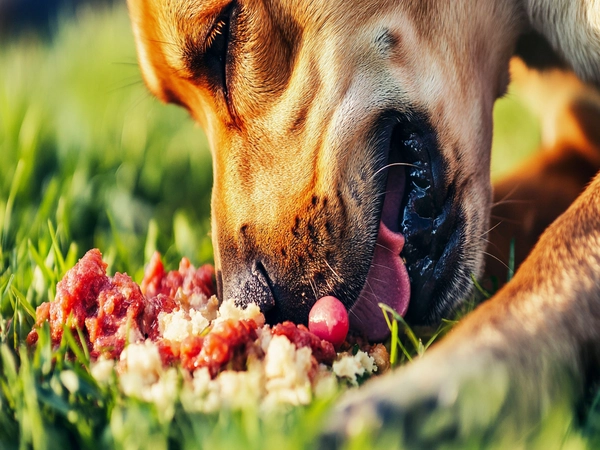 An image of a Labradoodle Pitbull mix dog breed enjoying a healthy meal