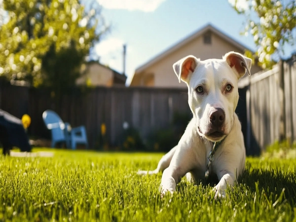 An image of a Labradoodle mix Pitbull dog breed enjoying a backyard