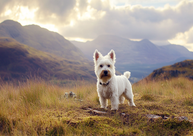 An image of a West Highland White Terrier in a Scottish landscape, highlighting its origins