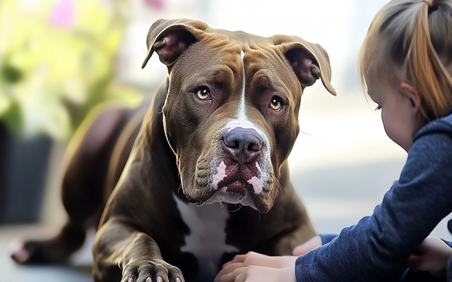 An image showcasing a Pit Mastiffs dog breed interacting gently with children, highlighting their affectionate nature.