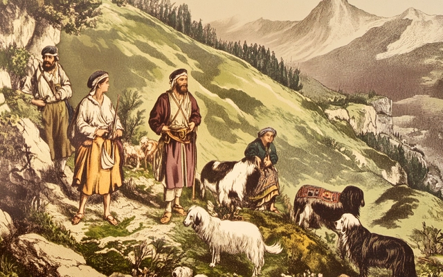 An image showing a historic depiction of Romanian shepherds with Carpathian Sheepdogs in a mountainous setting