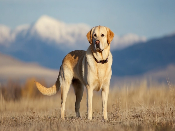 Labernard standing in an open field, highlighting its size and coat characteristics.