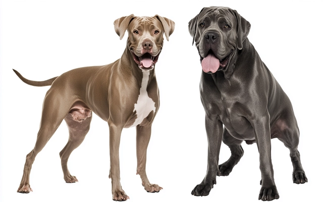 Side-by-side images of a Pitbull and a Mastiff to visually represent the lineage of the Pitbull Mastiff Mix.