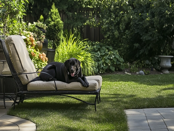 a Labernard lounging comfortably in a spacious backyard