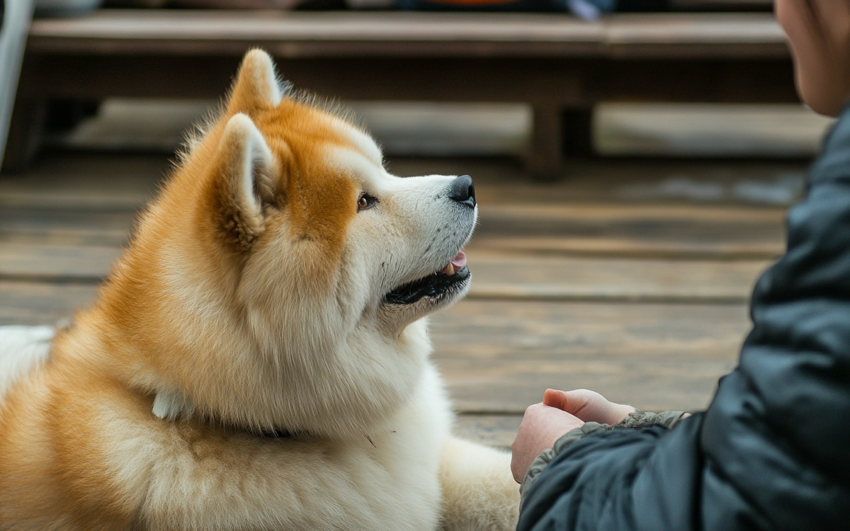 an Akita Chow interacting with family members, showcasing its loyal and protective demeanor