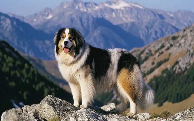 an image of a Carpathian Sheepdog standing on a rocky terrain with a serene mountain backdrop