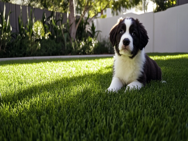 an image of a Labernard puppy sitting in a grassy backyard