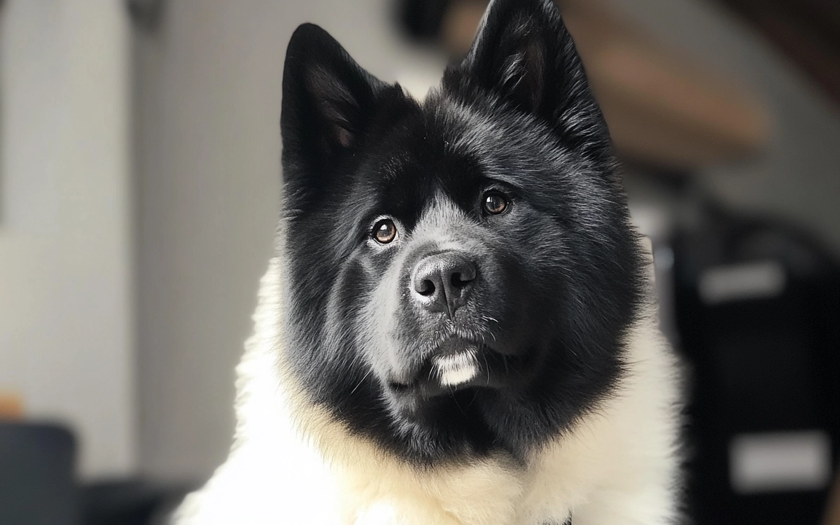 an image of an Akita Chow mix, highlighting its majestic coat and almond-shaped eyes